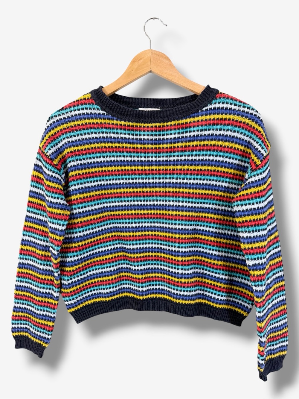Ghanda Multicolor Stripe Sweater Size S Cropped Boxy Boho Cotton Cozy Casual